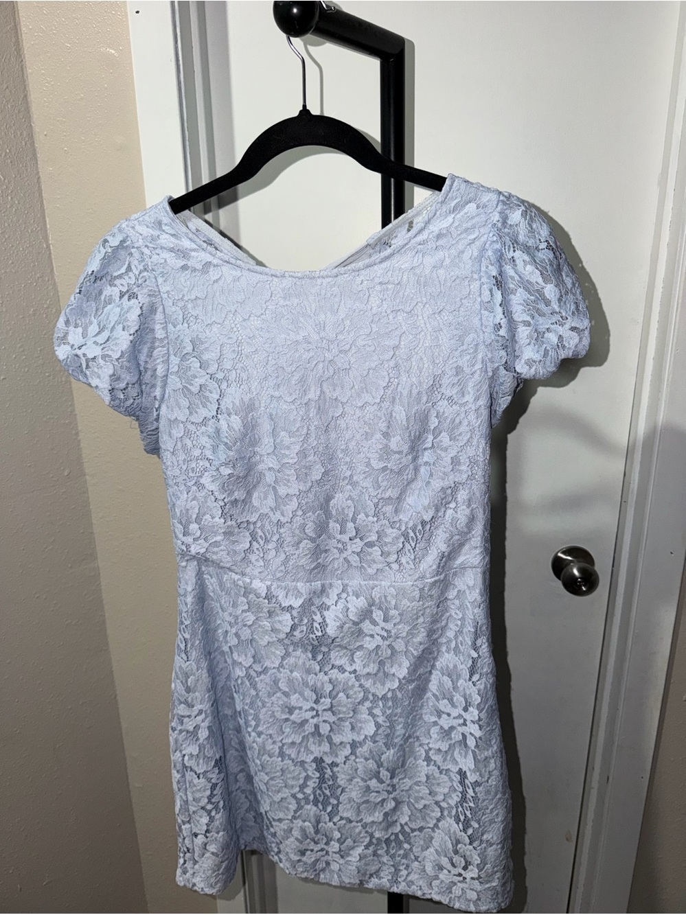 Free People Light Blue Lace Mini Dress Women’s S Boho Puff Sleeve Open Back